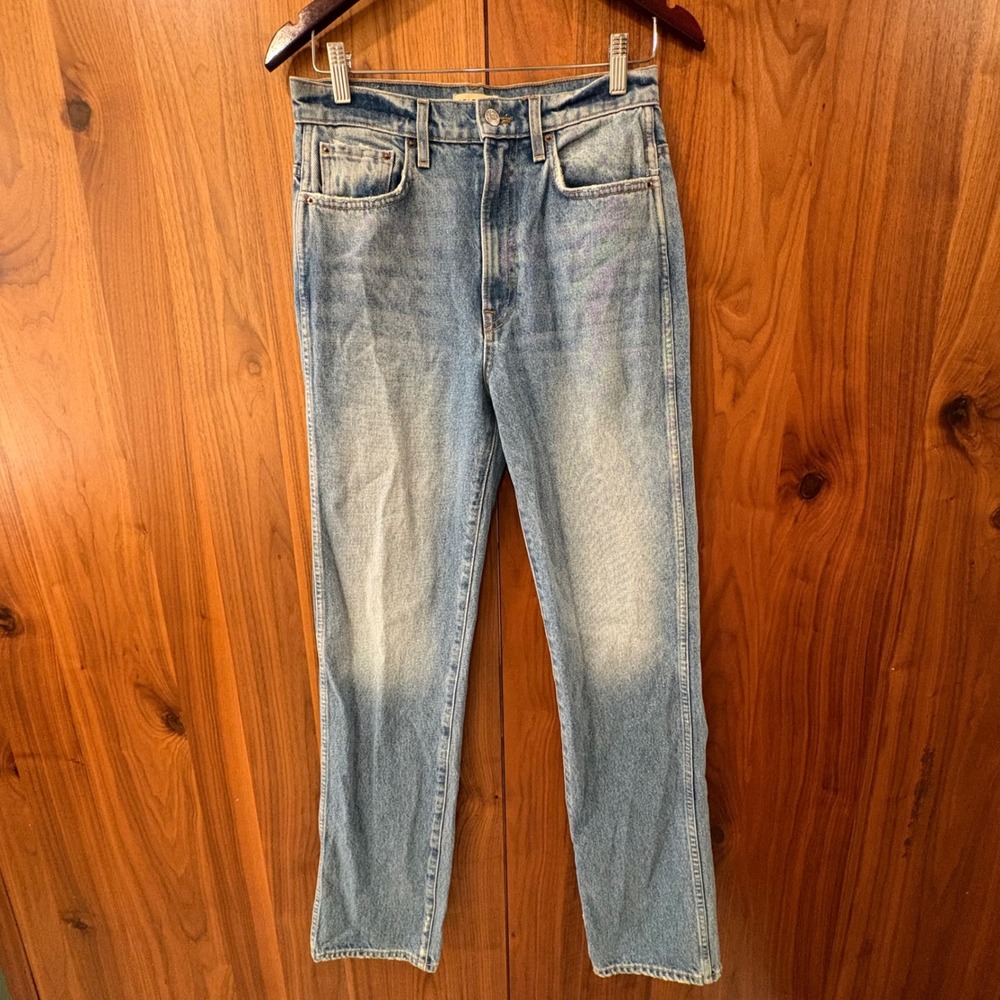 GRLFRND The Sara Super High Rise Slim Straight Jeans Light Wash Blue Size 27 USA